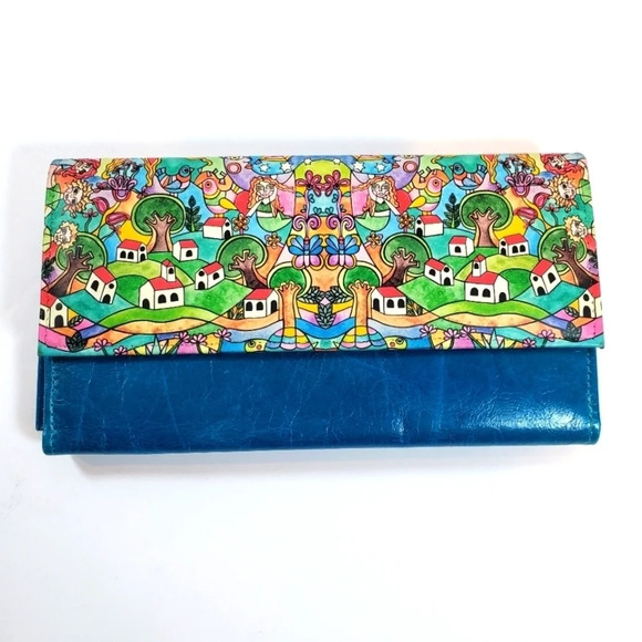 KURVEN Flap Leather Wallet Blue Alexa Tehuana Village Small Town Multi Pocket - Picture 1 of 8